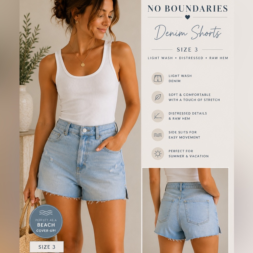 No Boundaries Light Wash Distressed Denim Shorts | Raw Hem | Size 3